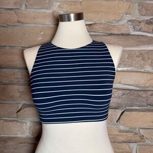 Athleta Striped Crossback Sports Bra Navy White Cutout Back Medium Support